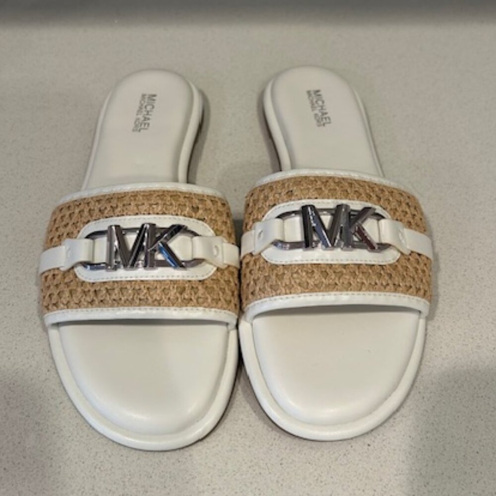 Michael Kors White and Natural Woven Slide Sandals with Silver MK Logo